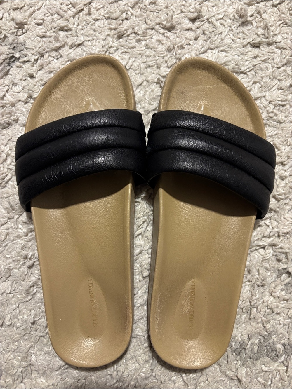 Beatrice Valenzuela Black Strap Tan Slide Sandals- fits like a size 6 narrow